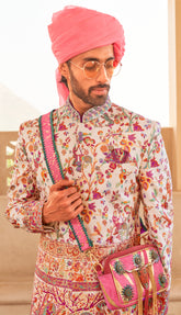 Exclusive latest pink designer mens indowestern sherwani kurta in pure pv silk and foil print patola inspired with handwork